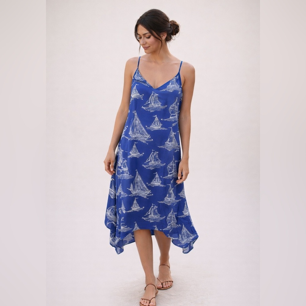 Antibes Blanc Sailboat Print Dress – Blue & White – Size M | Coastal Summer